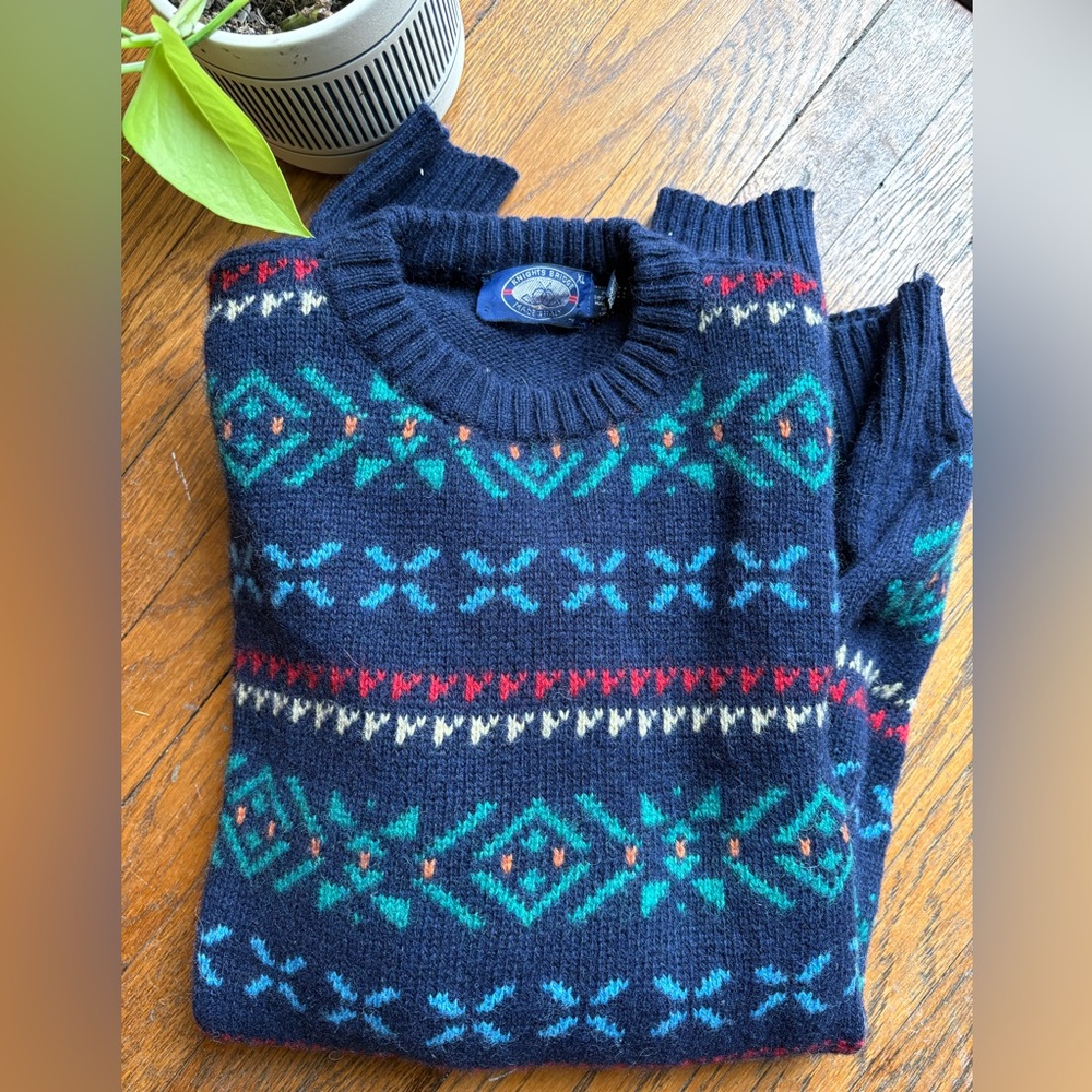 VTG Navy 100% Wool Blend Fair Isle Crewneck Sweater size Men’s XL - Picture 5 of 5